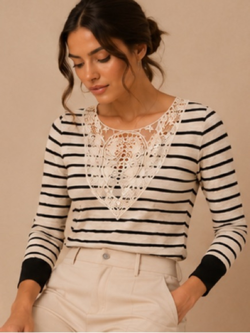 Pink Rose Lace Back Striped Henley Top Medium